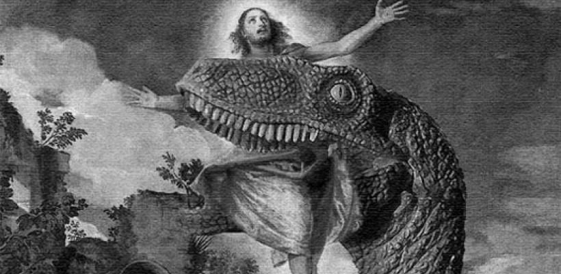 Jesus being eaten by dinosaur